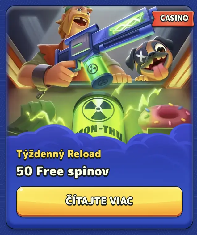 Týždenný reload bonus v kasíne: 50 voľných zatočení od pondelka do štvrtka. Hráč s futuristickou zbraňou, rádioaktívnym barelom a psom – týždenný reload bonus.